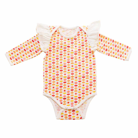Ruffle Full Sleeve Bodysuit - Indian Flora White & Breezy Daisy