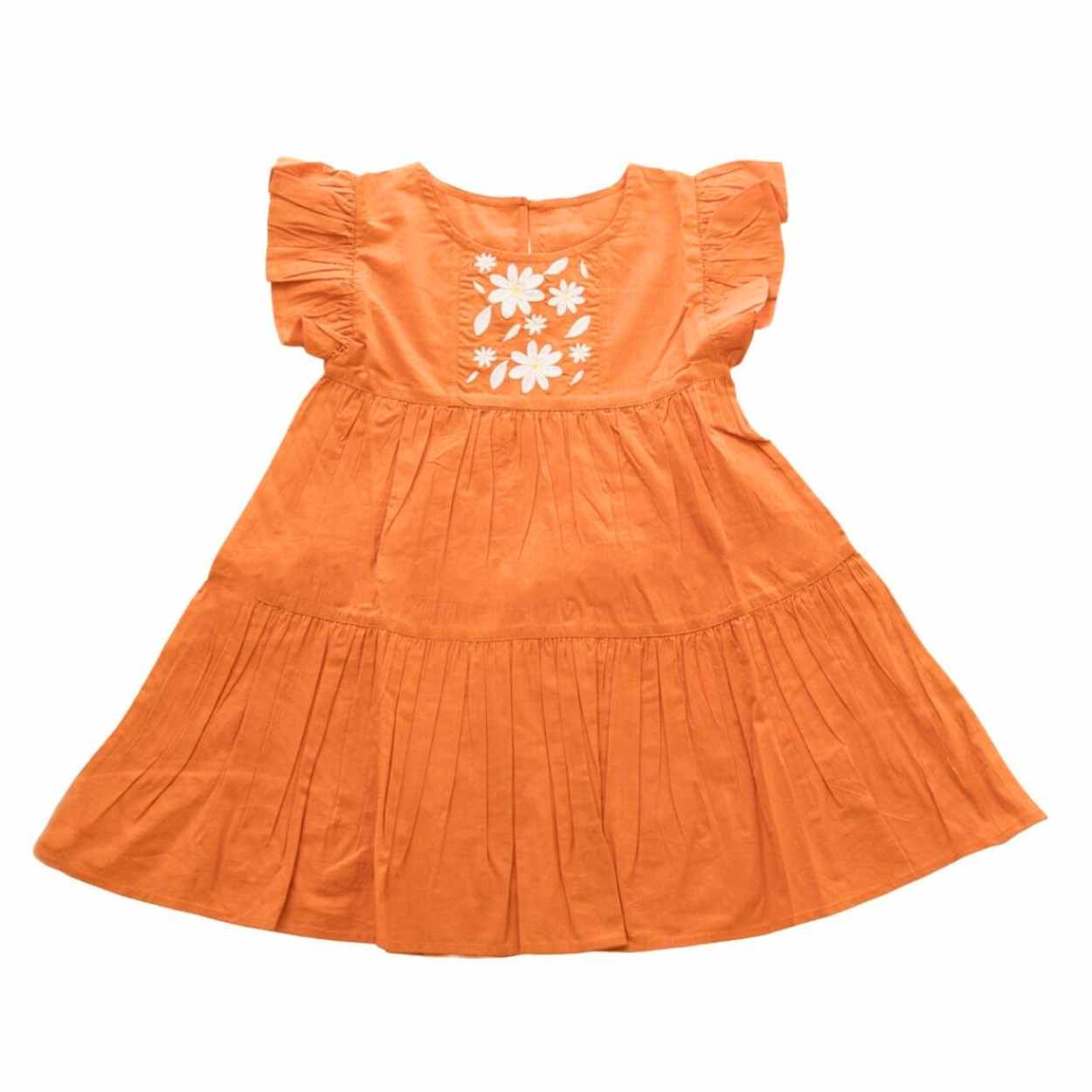 Flutter Sleeve Embroidered Dress - Orange