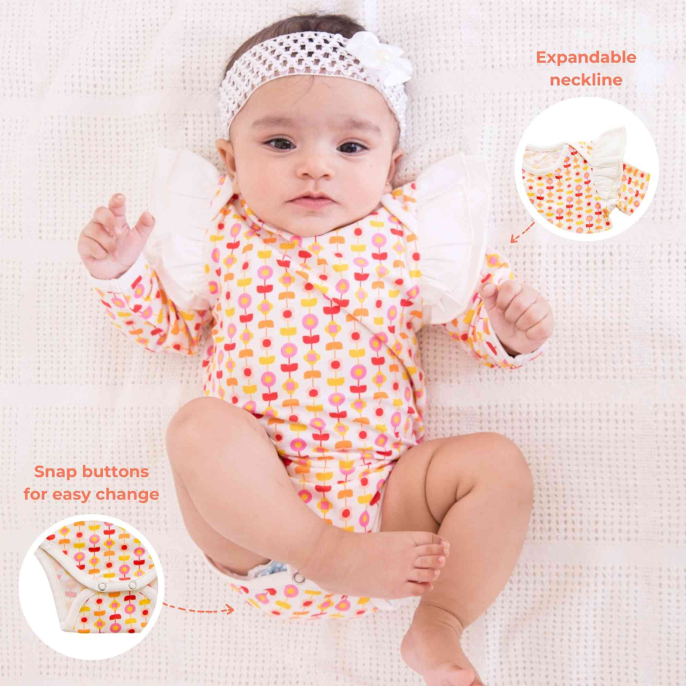 Ruffle Full Sleeve Bodysuit - Indian Flora White & Breezy Daisy