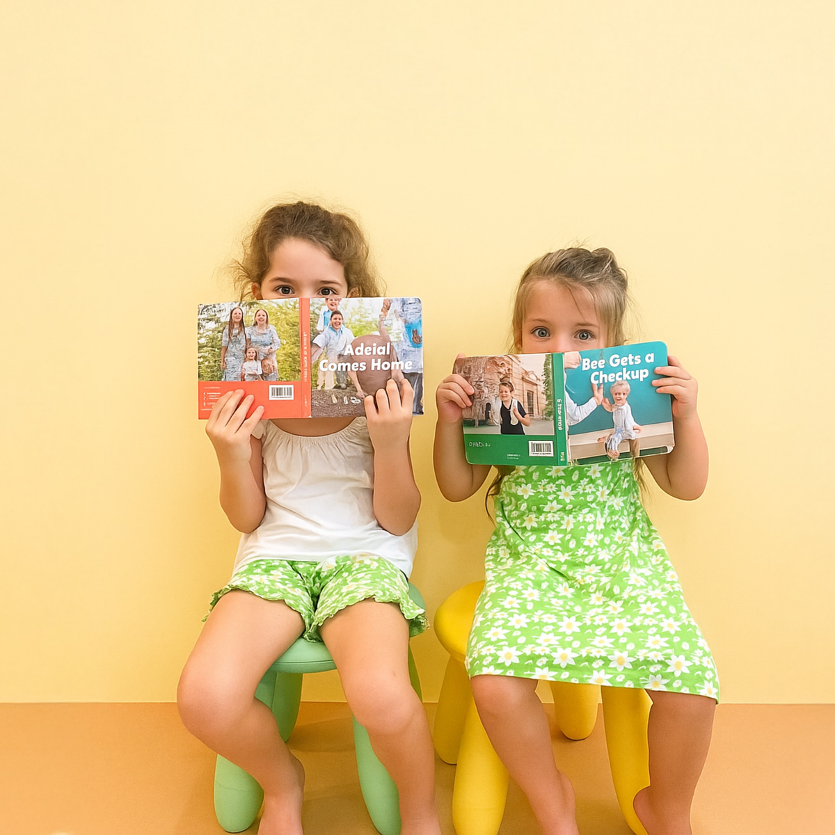 Two girls in Ola! Otter organic cotton embroidered dresses in blue and orange