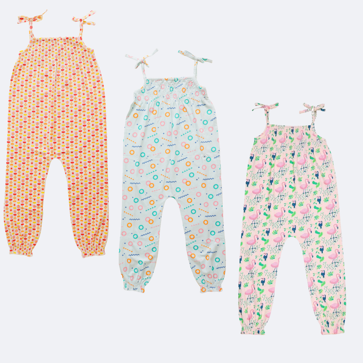 Ola! Otter 3 pack of organic cotton smocked jumpsuits for girls