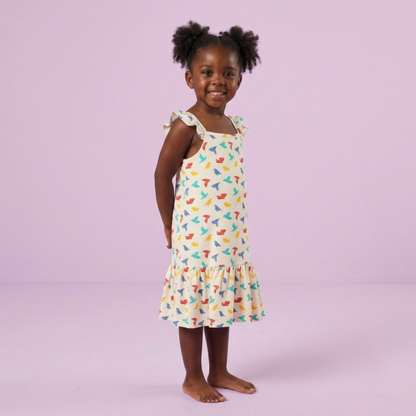 Ola! Otter Organic Cotton Strap Dress for Girls - Happy Camping | Everyday Dresses for Girls | Sustainable Baby & Toddler Girls Wear | 18 Months–6 Years