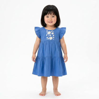 Ola! Otter Flutter Sleeve Embroidered Dress for Girls - Blue | Everyday Dresses for Girls | Sustainable Baby & Toddler Girls Wear | 18 Months–6 Years
