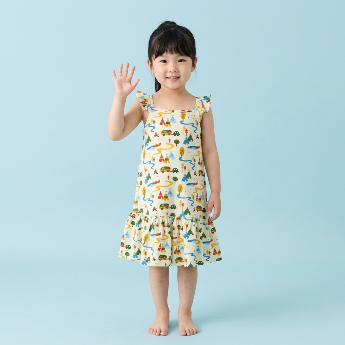 Ola! Otter Organic Cotton Strap Dress for Girls - Happy Camping | Everyday Dresses for Girls | Sustainable Baby & Toddler Girls Wear | 18 Months–6 Years