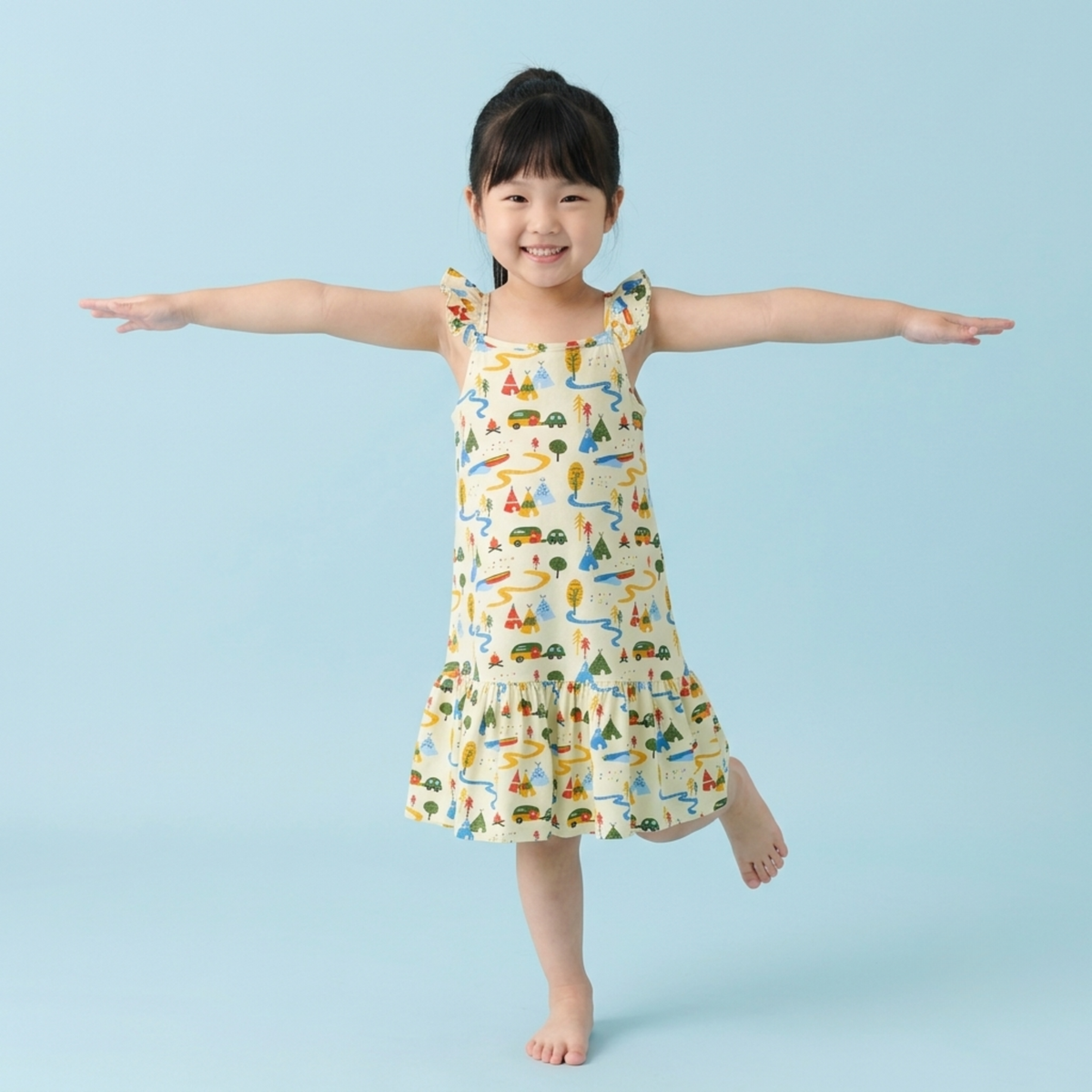 Ola! Otter Organic Cotton Strap Dress for Girls - Happy Camping | Everyday Dresses for Girls | Sustainable Baby & Toddler Girls Wear | 18 Months–6 Years