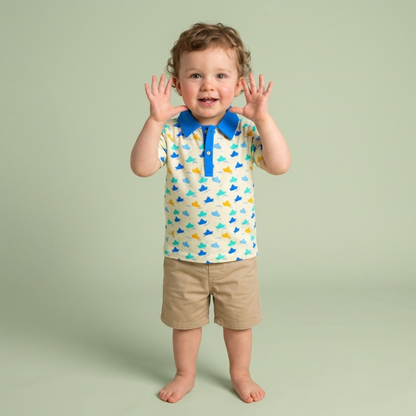 Organic Cotton Kids Polo T-Shirt for Boys | Sustainable Baby & Toddler T-shirt | Pinwheel Parade & Paper Boat Print | Red & Blue | Ola! Otter (18 Months–6 Years)