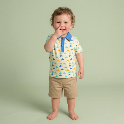 Organic Cotton Kids Polo T-Shirt for Boys | Sustainable Baby & Toddler T-shirt | Pinwheel Parade & Paper Boat Print | Red & Blue | Ola! Otter (18 Months–6 Years)