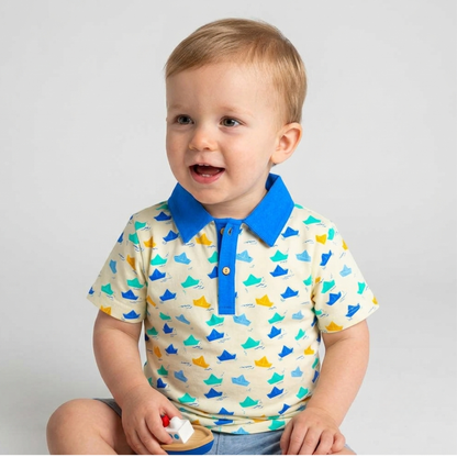 Organic Cotton Kids Polo T-Shirt for Boys | Sustainable Baby & Toddler T-shirt | Pinwheel Parade & Paper Boat Print | Red & Blue | Ola! Otter (18 Months–6 Years)