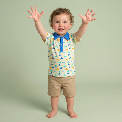Organic Cotton Kids Polo T-Shirt for Boys | Sustainable Baby & Toddler T-shirt | Pinwheel Parade & Paper Boat Print | Red & Blue | Ola! Otter (18 Months–6 Years)