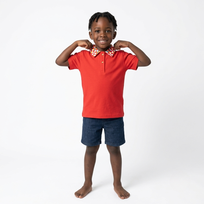 Organic Cotton Kids Polo T-Shirt for Boys | Sustainable Baby & Toddler T-shirt | Pinwheel Parade & Paper Boat Print | Red & Blue | Ola! Otter (18 Months–6 Years)