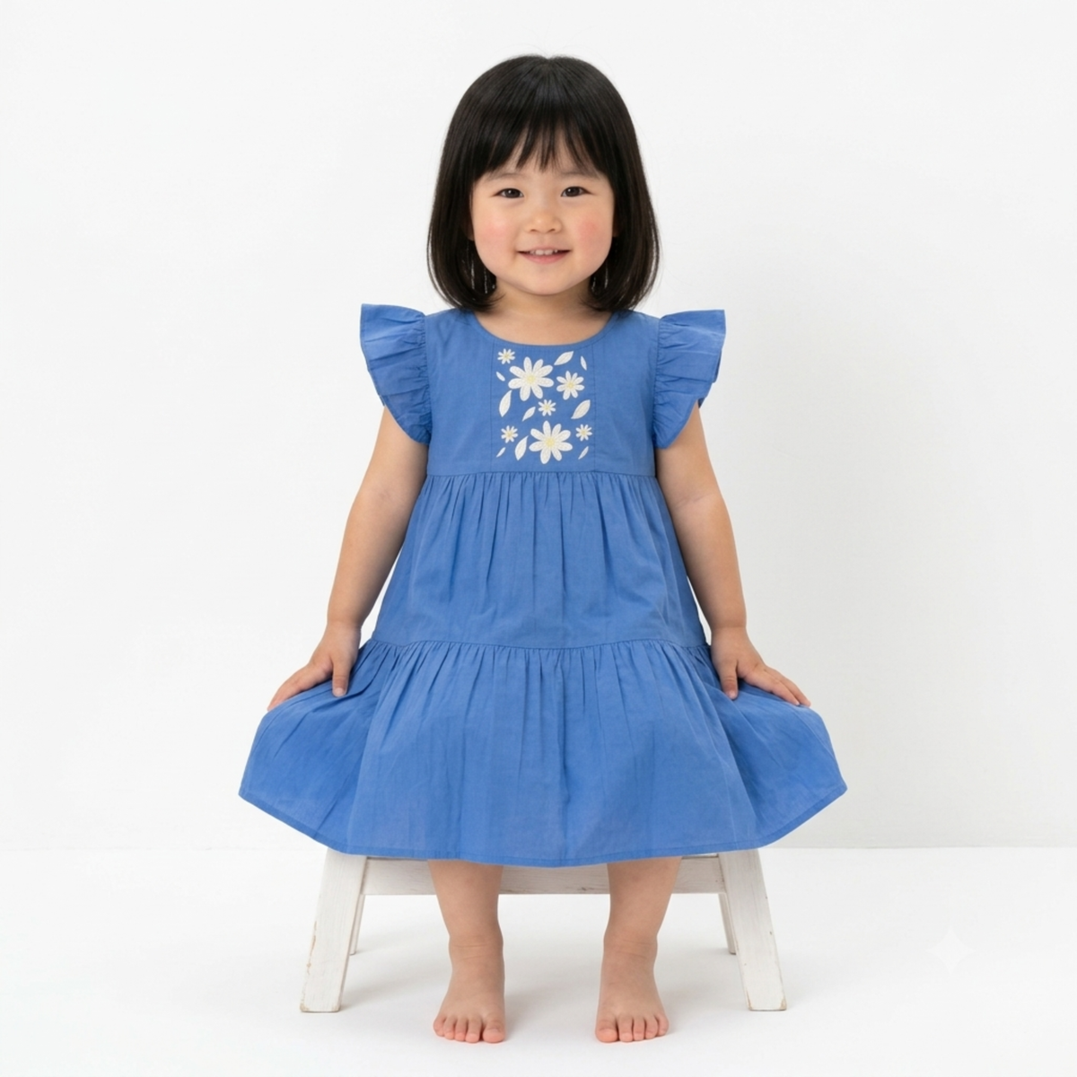 Ola! Otter Flutter Sleeve Embroidered Dress for Girls - Blue | Everyday Dresses for Girls | Sustainable Baby & Toddler Girls Wear | 18 Months–6 Years