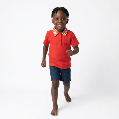 Organic Cotton Kids Polo T-Shirt for Boys | Sustainable Baby & Toddler T-shirt | Pinwheel Parade & Paper Boat Print | Red & Blue | Ola! Otter (18 Months–6 Years)