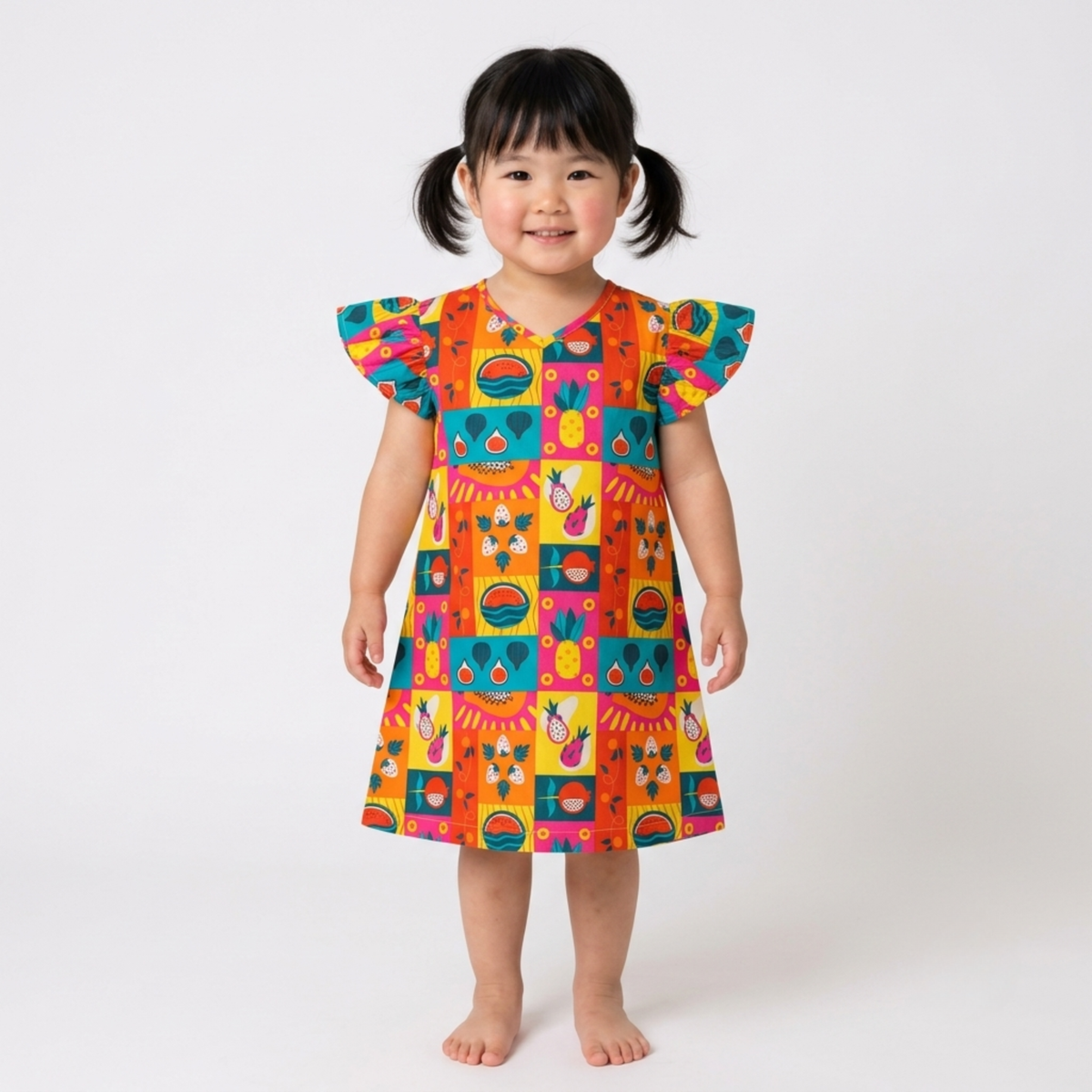 Ola! Otter Organic Cotton A-Line Dress for Girls - Mixed Fruit | Dresses for Girls | Sustainable Baby & Toddler Girl Clothing | 18 Months–6 Years