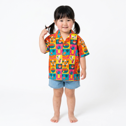 Ola! Otter Organic Cotton Relaxed Fit Shirt for Kids| Shirt for Boys & Girls | Sustainable Baby & Toddler Wear | Soft & Comfortable | Mixed Fruit & Tiger Foliage Print | Multicolored & Blue | 18 Months–6 Years