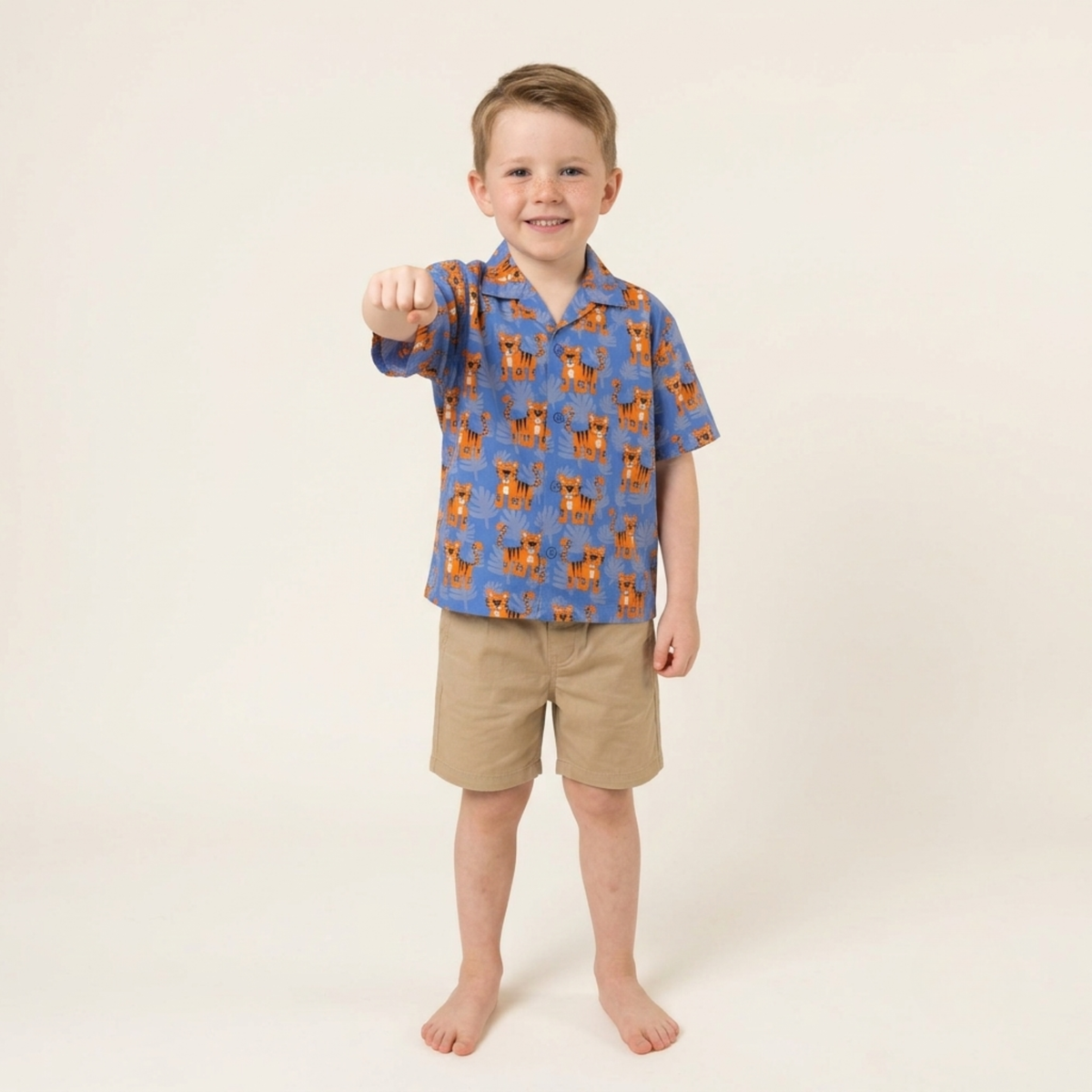 Ola! Otter Organic Cotton Relaxed Fit Shirt for Kids| Shirt for Boys & Girls | Sustainable Baby & Toddler Wear | Soft & Comfortable | Mixed Fruit & Tiger Foliage Print | Multicolored & Blue | 18 Months–6 Years