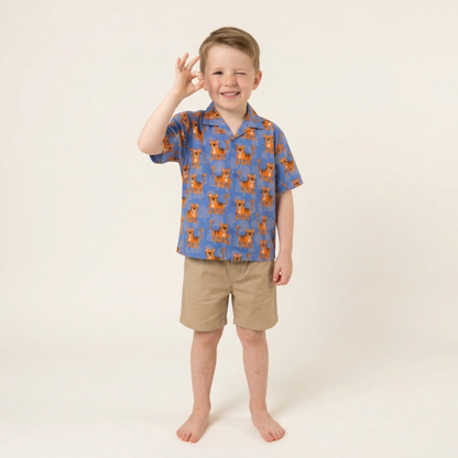Ola! Otter Organic Cotton Relaxed Fit Shirt for Kids| Shirt for Boys & Girls | Sustainable Baby & Toddler Wear | Soft & Comfortable | Mixed Fruit & Tiger Foliage Print | Multicolored & Blue | 18 Months–6 Years
