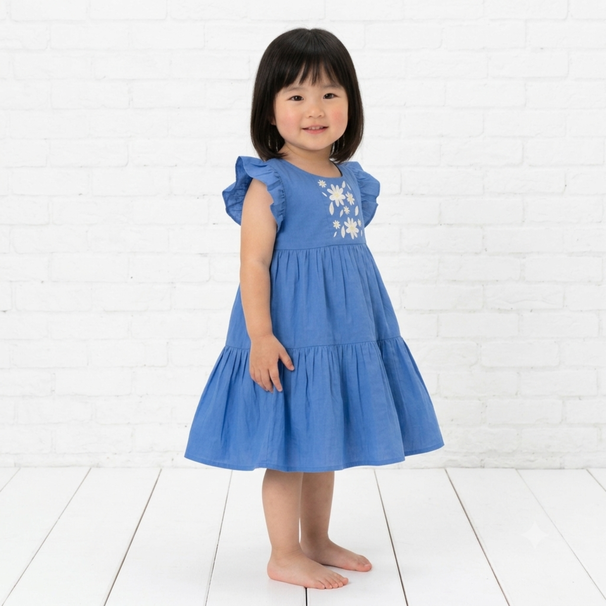 Ola! Otter Flutter Sleeve Embroidered Dress for Girls - Blue | Everyday Dresses for Girls | Sustainable Baby & Toddler Girls Wear | 18 Months–6 Years