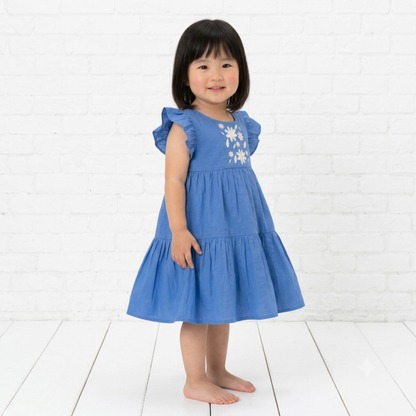 Ola! Otter Flutter Sleeve Embroidered Dress for Girls - Blue | Everyday Dresses for Girls | Sustainable Baby & Toddler Girls Wear | 18 Months–6 Years