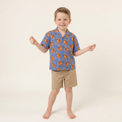 Ola! Otter Organic Cotton Relaxed Fit Shirt for Kids| Shirt for Boys & Girls | Sustainable Baby & Toddler Wear | Soft & Comfortable | Mixed Fruit & Tiger Foliage Print | Multicolored & Blue | 18 Months–6 Years