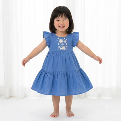Ola! Otter Flutter Sleeve Embroidered Dress for Girls - Blue | Everyday Dresses for Girls | Sustainable Baby & Toddler Girls Wear | 18 Months–6 Years