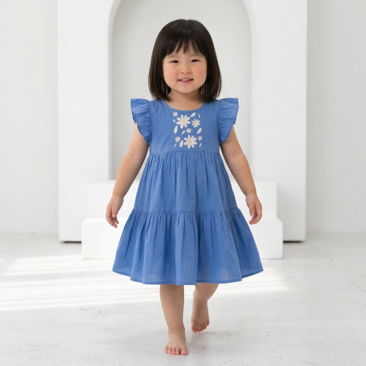 Ola! Otter Flutter Sleeve Embroidered Dress for Girls - Blue | Everyday Dresses for Girls | Sustainable Baby & Toddler Girls Wear | 18 Months–6 Years