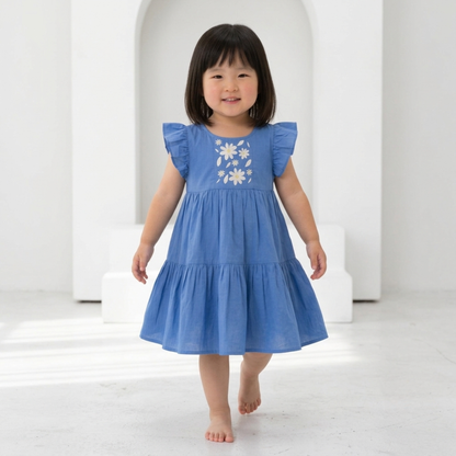 Ola! Otter Flutter Sleeve Embroidered Dress for Girls - Blue | Everyday Dresses for Girls | Sustainable Baby & Toddler Girls Wear | 18 Months–6 Years