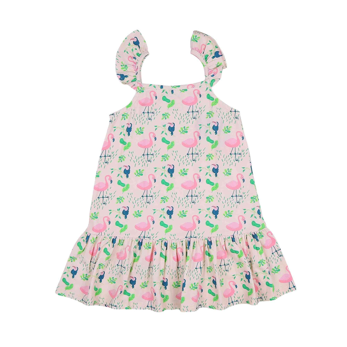 Ola! Otter 2 pack organic cotton strap dresses for girls in Happy Camping and Flamingo Forest prints - view 5