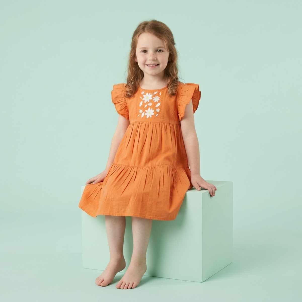 Ola! Otter Flutter Sleeve Embroidered Dress for Girls - Blue | Everyday Dresses for Girls | Sustainable Baby & Toddler Girls Wear | 18 Months–6 Years