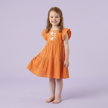 Ola! Otter Flutter Sleeve Embroidered Dress for Girls - Blue | Everyday Dresses for Girls | Sustainable Baby & Toddler Girls Wear | 18 Months–6 Years