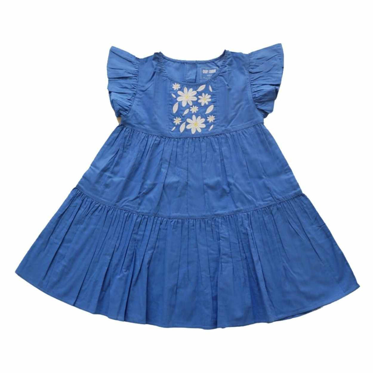 Ola! Otter 2 pack organic cotton flutter sleeve embroidered dresses for girls in navy blue and orange - view 3