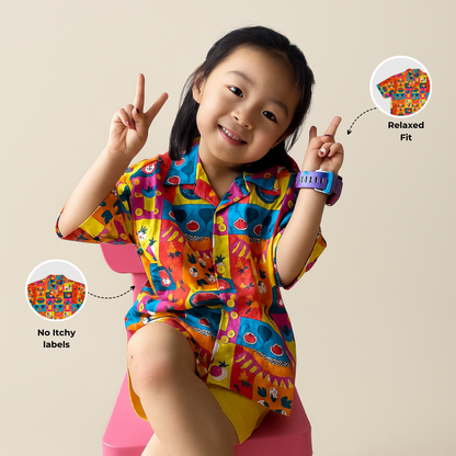 Ola! Otter Organic Cotton Relaxed Fit Shirt for Kids| Shirt for Boys & Girls | Sustainable Baby & Toddler Wear | Soft & Comfortable | Mixed Fruit & Tiger Foliage Print | Multicolored & Blue | 18 Months–6 Years