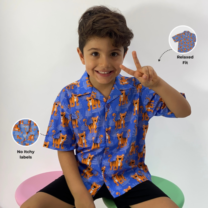 Ola! Otter Organic Cotton Relaxed Fit Shirt for Kids| Shirt for Boys & Girls | Sustainable Baby & Toddler Wear | Soft & Comfortable | Mixed Fruit & Tiger Foliage Print | Multicolored & Blue | 18 Months–6 Years