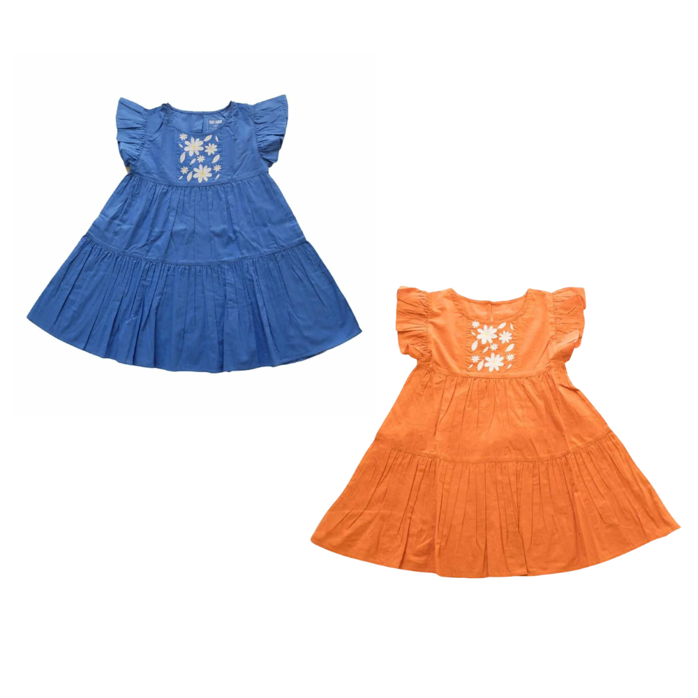 2 Pack Flutter Sleeve Embroidered Dress - Navy Blue & Orange