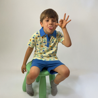 Organic Cotton Kids Polo T-Shirt for Boys | Sustainable Baby & Toddler T-shirt | Pinwheel Parade & Paper Boat Print | Red & Blue | Ola! Otter (18 Months–6 Years)