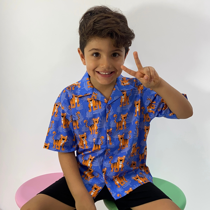 Ola! Otter Organic Cotton Relaxed Fit Shirt for Kids| Shirt for Boys & Girls | Sustainable Baby & Toddler Wear | Soft & Comfortable | Mixed Fruit & Tiger Foliage Print | Multicolored & Blue | 18 Months–6 Years