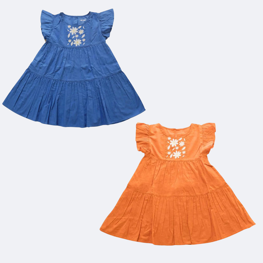 2 Pack Flutter Sleeve Embroidered Dress - Navy Blue & Orange