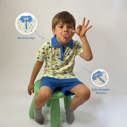 Organic Cotton Kids Polo T-Shirt for Boys | Sustainable Baby & Toddler T-shirt | Pinwheel Parade & Paper Boat Print | Red & Blue | Ola! Otter (18 Months–6 Years)