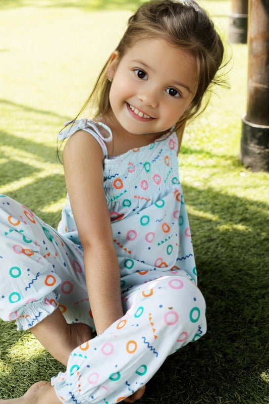 Ola! Otter 3 pack organic cotton smocked jumpsuits for girls in Flamingo, Free Float and Indian Flora prints - view 6